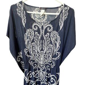 Pronto USA Women Blouse Blue/White Size Large Round Neck Batwing Short Sleeves